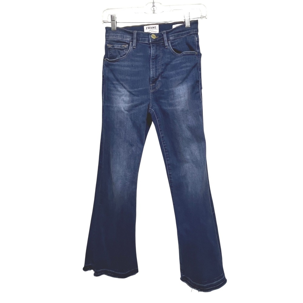 FRAME Le Crop Flare Jeans Dark Wash High Rise Raw Hem Size 25 BOHO 70s Frayed
